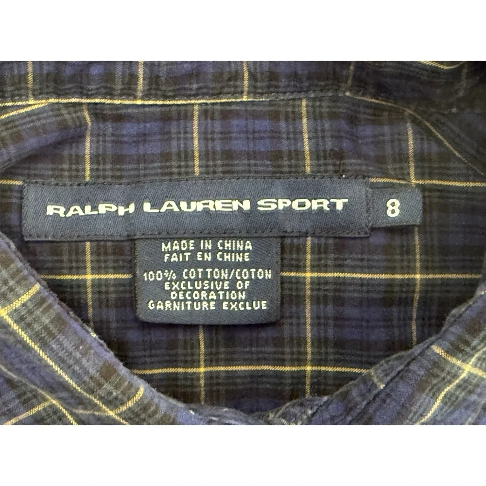Ralph Lauren Sport Boys Shirt 8 Plaid Windowpane Blue Yellow Long‎ Sleeve Button